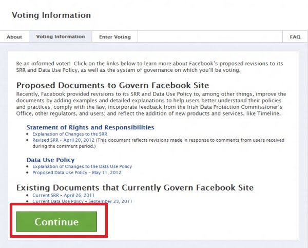 Facebook Site Governance Vote - Continue option