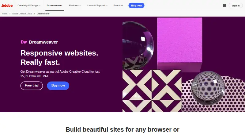 Adobe Dreamweaver's website