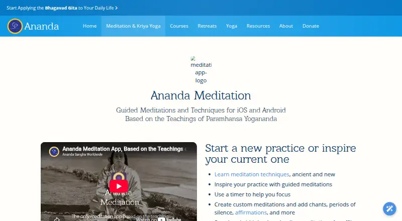 Ananda Meditation's website