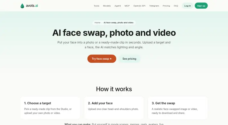Avots AI Face Swap's website