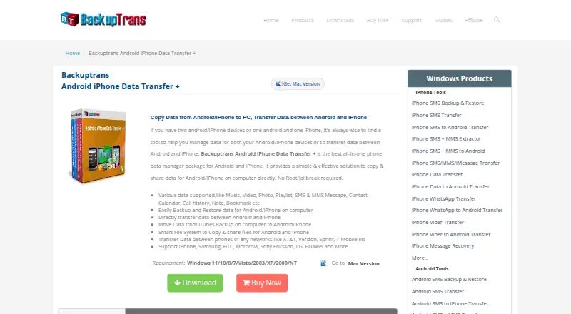 Backuptrans Android iPhone Data Transfer+'s website