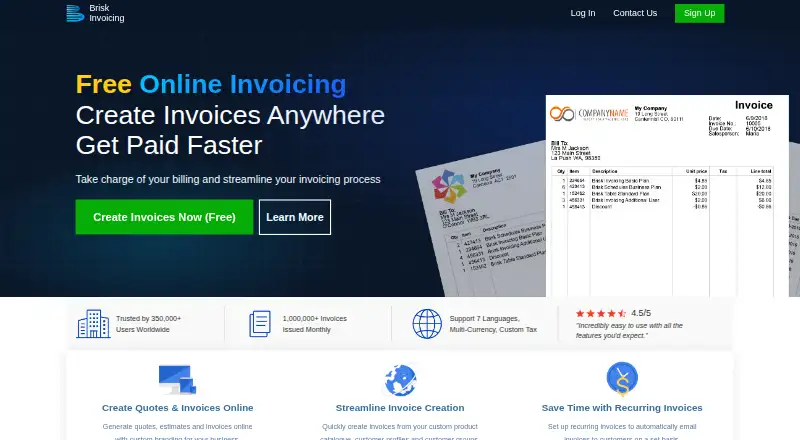 Brisk Invoicing's website