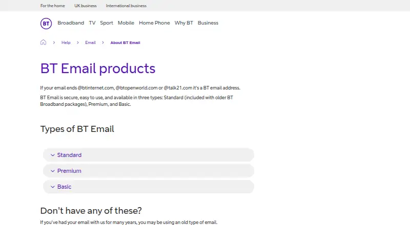 BT Email's website