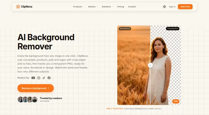 ClipNova Background Remover's website
