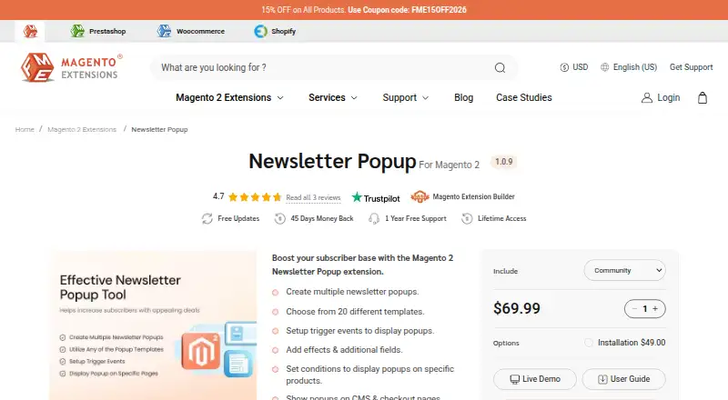 Magento 2 Newsletter Popup's website