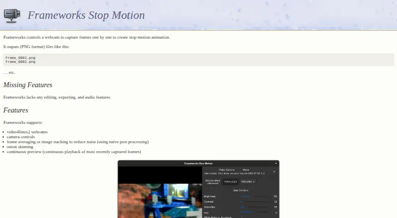 Frameworks Stop Motion's website