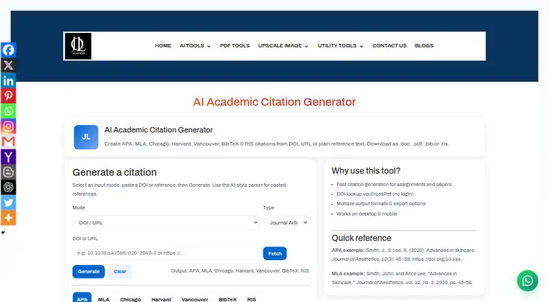 Jollondon AI Academic Citation Generator's website
