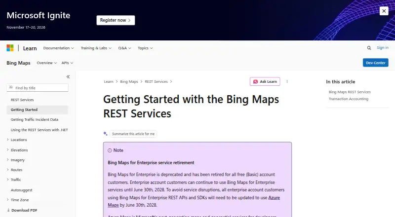 Bing Maps API's website