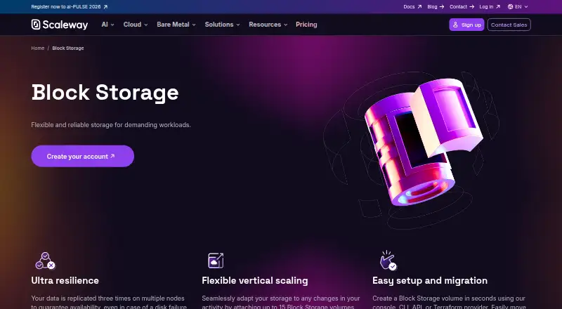 Scaleway Block Storage's website