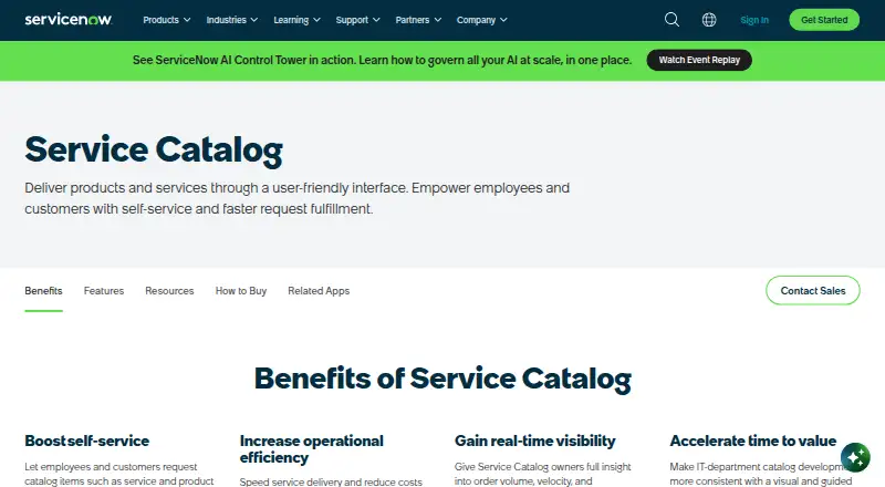 ServiceNow Service Catalog's website