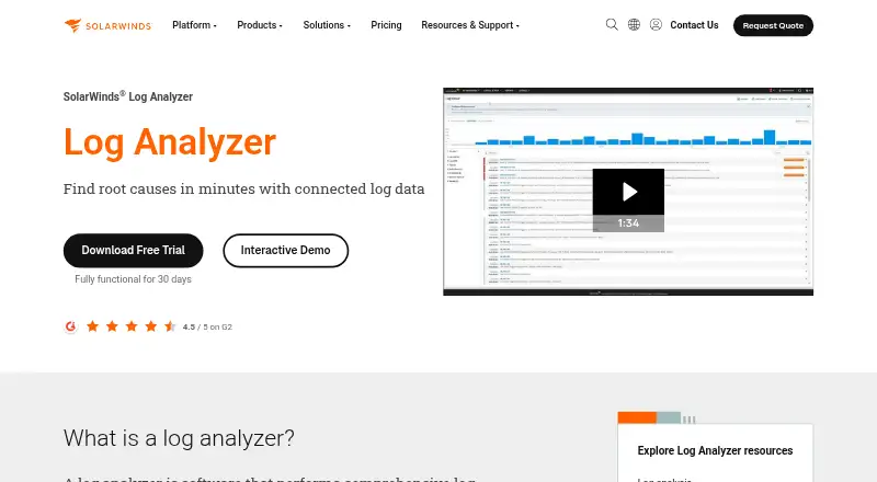 SolarWinds Log Analyzer's website