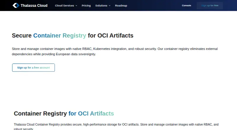 Thalassa Cloud Container Registry's website