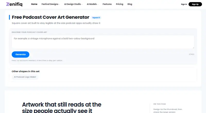 Zenifiq Podcast Cover Art Generator's website