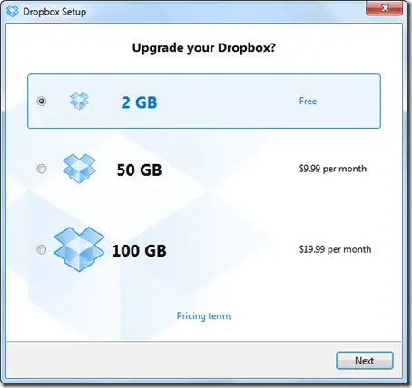 Select Storage plan for Dropbox