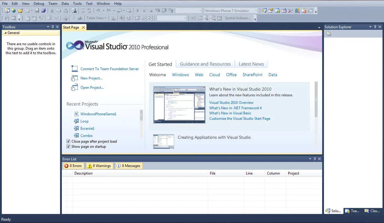 Start Page of VS 2010