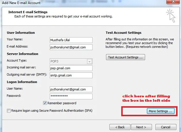 adding gmail pop and smtp address in outlook
