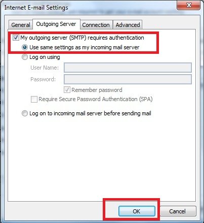 Outgoing server needs authentication in Outlook