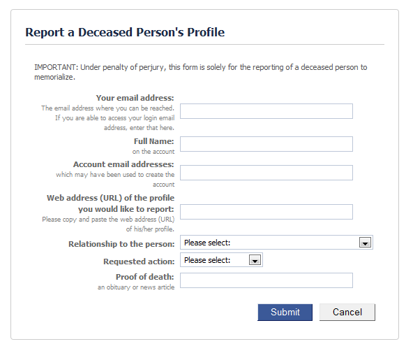 Facebook user report - deceased
