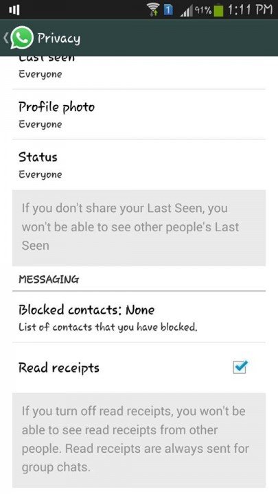 Disable WhatsApp Message Blue mark Read Receipts Ticks