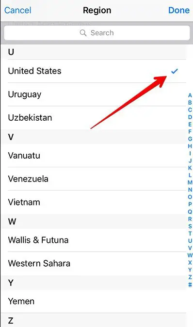 Select region on iPhone