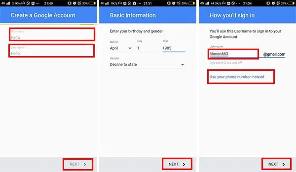 Create new Google account in Android