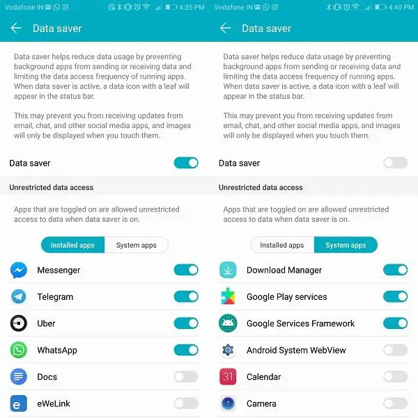 Data Saver Options in Android