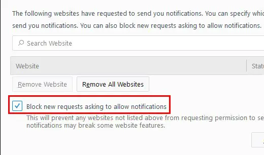 Firefox: stop websites from asking to show notifications
