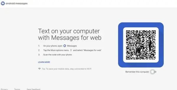 enable and use Android Messages on browser