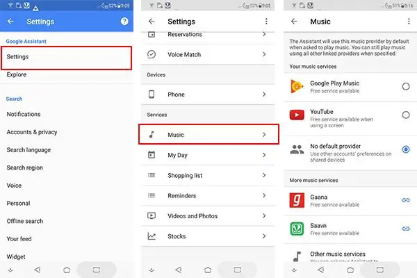 Music settings in Google Assistant