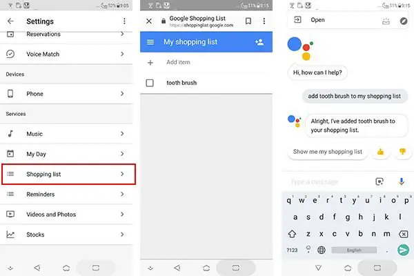 Shopping list settings in Google Assistant