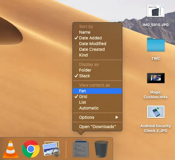 Folder Options in macOS Dock