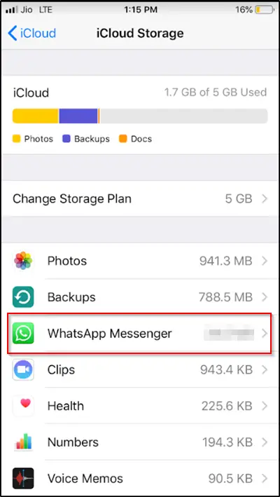 WhatsApp Messenger iCloud Settings
