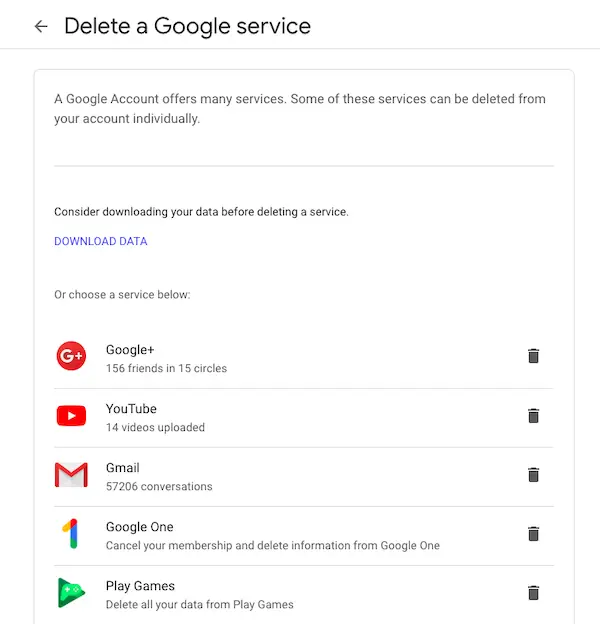 Delete Individual Google Service