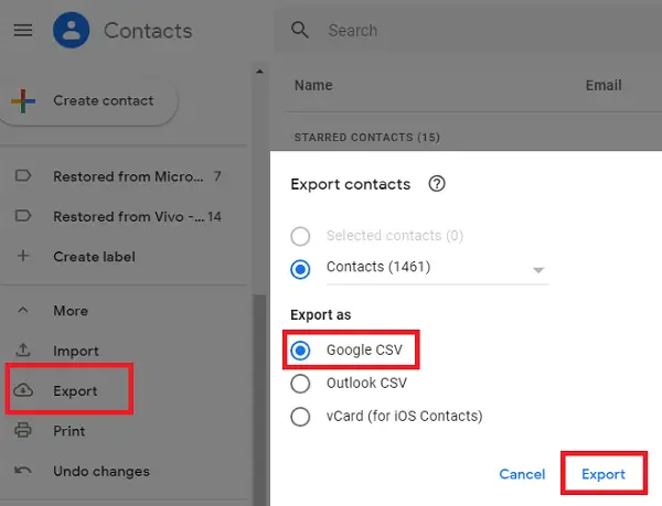 merge contacts list on two Gmail accounts