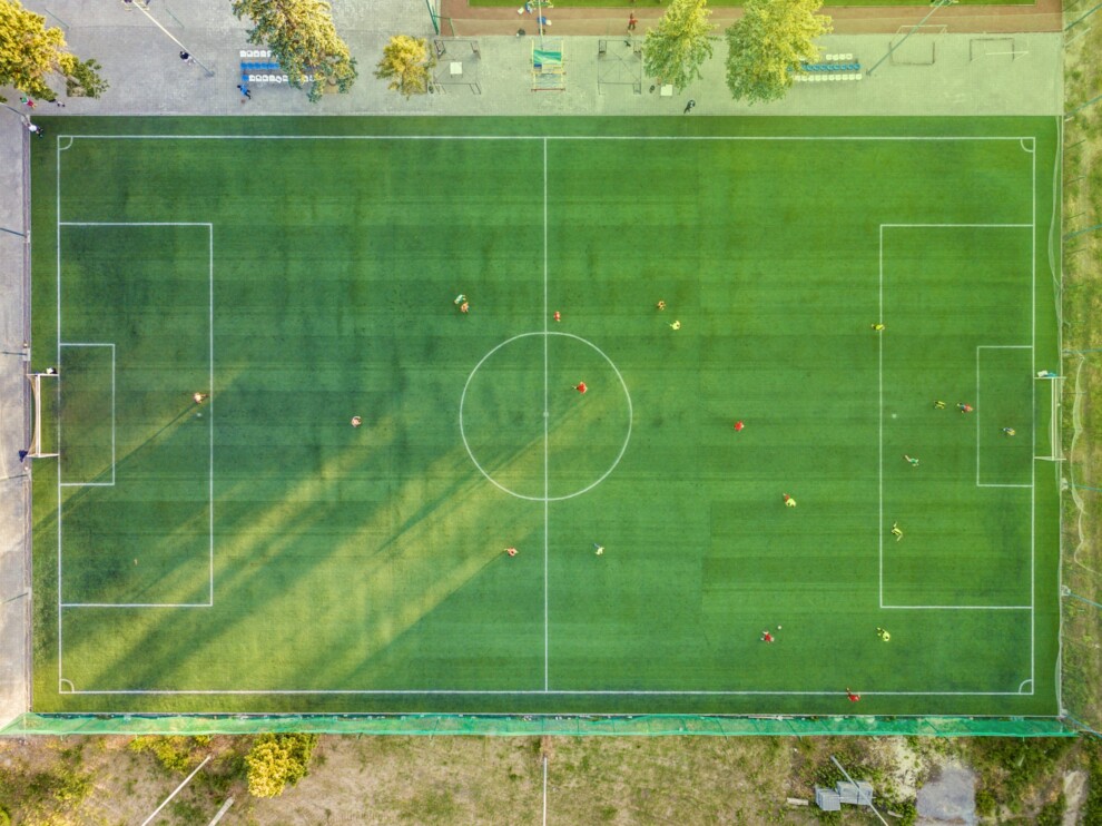 Volgograd,russia june 1 2018: aerial top down view of two national footbal teams warm up before world campionship 2018